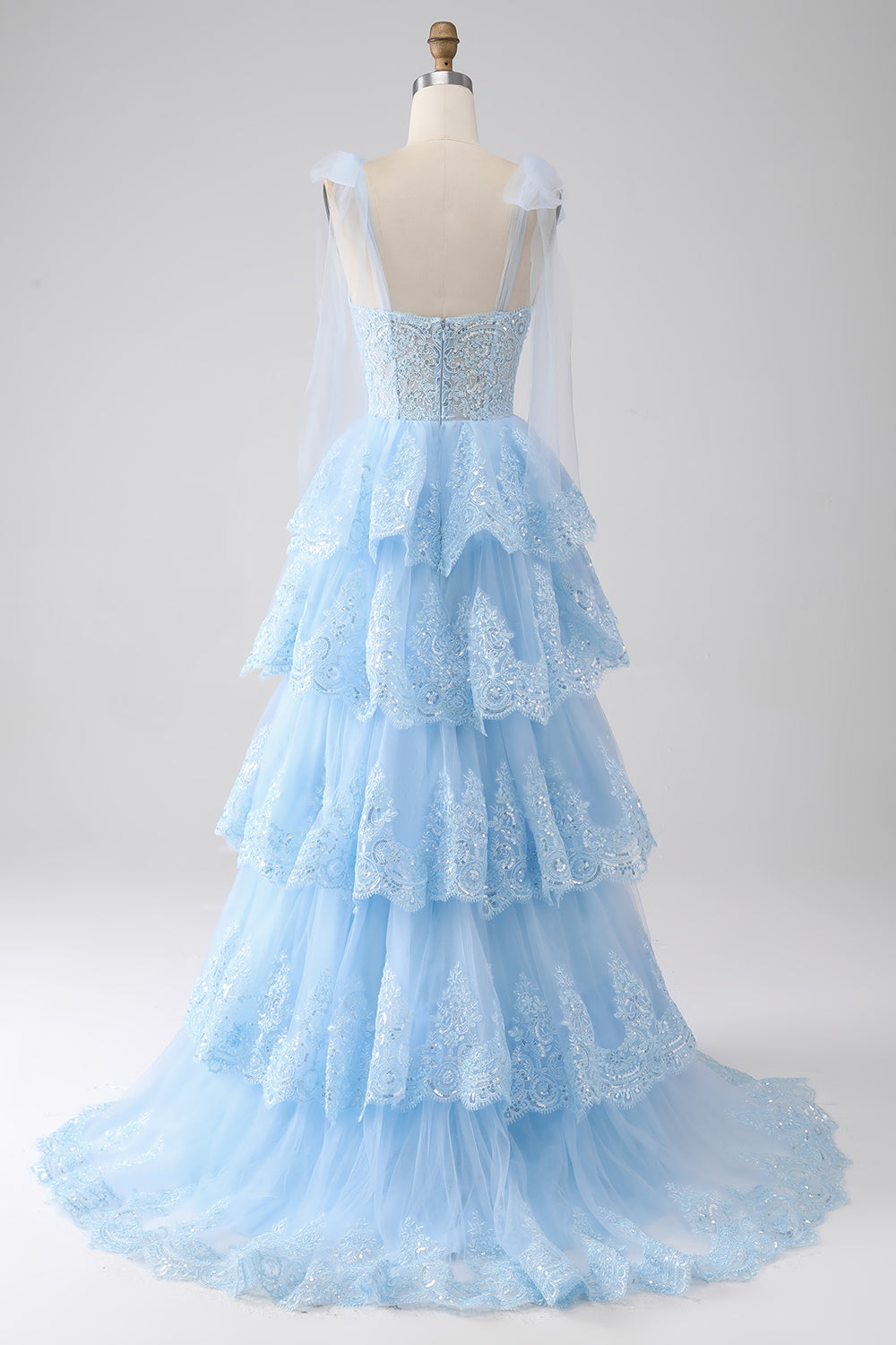 Azzurro Sweetheart Bow Tie Straps Tiered Tulle Paillettes Prom Dress con Appliques