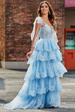 A più livelli Tulle Sweetheart Bow Tie Straps Paillettes Prom Dress con appliques