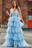 A più livelli Tulle Sweetheart Bow Tie Straps Paillettes Prom Dress con appliques