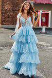 A più livelli Tulle Sweetheart Bow Tie Straps Paillettes Prom Dress con appliques