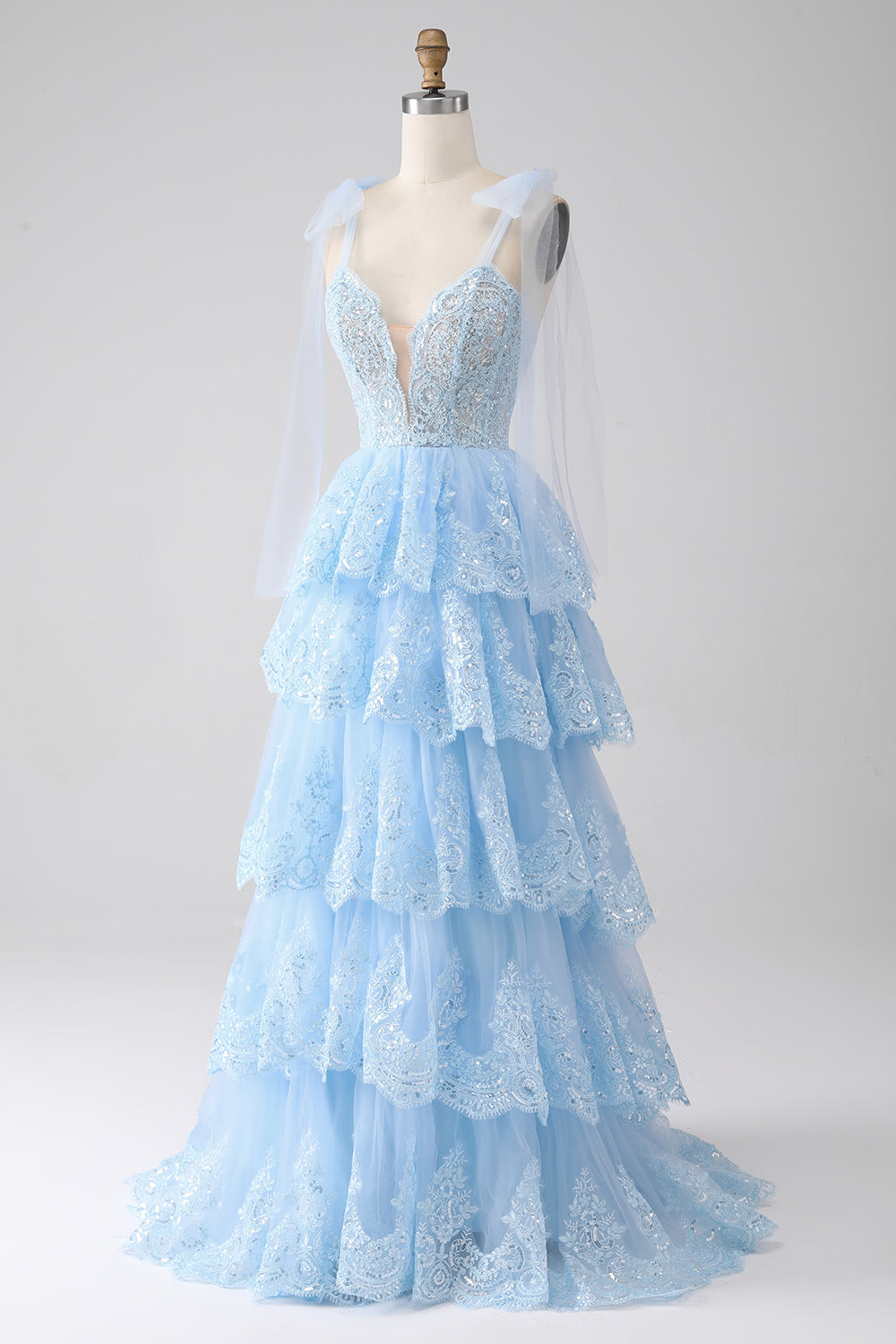 Azzurro Sweetheart Bow Tie Straps Tiered Tulle Paillettes Prom Dress con Appliques
