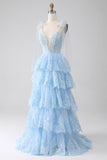 Azzurro Sweetheart Bow Tie Straps Tiered Tulle Paillettes Prom Dress con Appliques