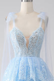 Azzurro Sweetheart Bow Tie Straps Tiered Tulle Paillettes Prom Dress con Appliques