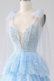 Azzurro Sweetheart Bow Tie Straps Tiered Tulle Paillettes Prom Dress con Appliques