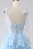 Azzurro Sweetheart Bow Tie Straps Tiered Tulle Paillettes Prom Dress con Appliques