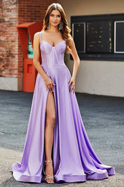 Scintillante lilla A-Line Corsetto Prom Dresses con strass