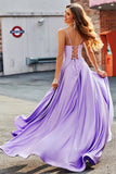 Scintillante lilla A-Line Corsetto Prom Dresses con strass