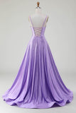 Semplice scintillante lilla A-Line fessura laterale Corsetto Prom Dresses con strass