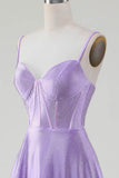 Semplice scintillante lilla A-Line fessura laterale Corsetto Prom Dresses con strass