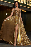 Sparkly increspato Spaghetti Straps in rilievo metallico prom dress con fessura