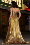 Sparkly increspato Spaghetti Straps in rilievo metallico prom dress con fessura