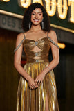 Sparkly increspato Spaghetti Straps in rilievo metallico prom dress con fessura