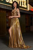 Sparkly increspato Spaghetti Straps in rilievo metallico prom dress con fessura