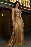 Sparkly increspato Spaghetti Straps in rilievo metallico prom dress con fessura