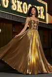 Sparkly increspato Spaghetti Straps in rilievo metallico prom dress con fessura