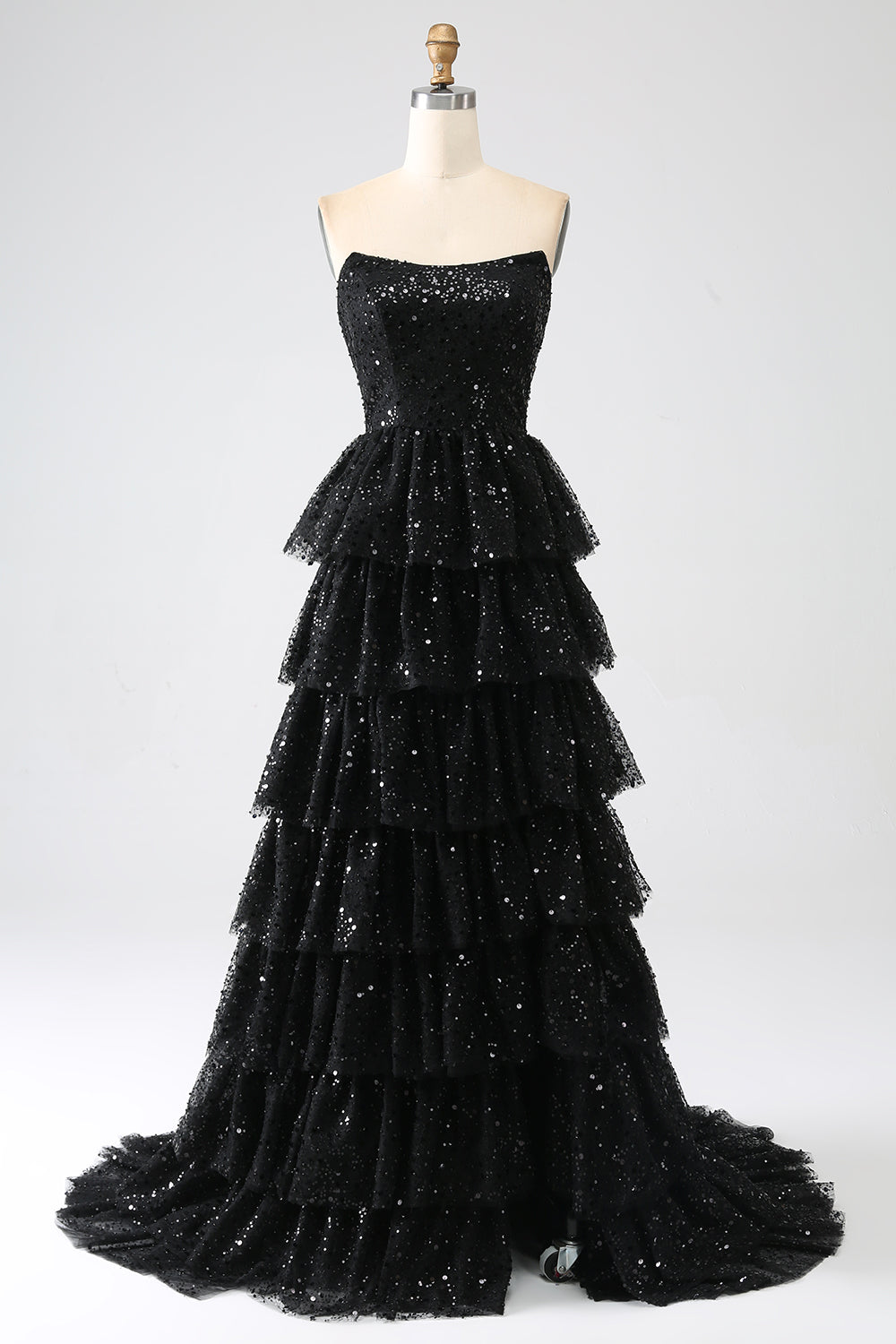 A-Line Paillettes nero a più livelli Prom Dress con fessura