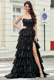 A-Line Paillettes nero a più livelli Prom Dress con fessura