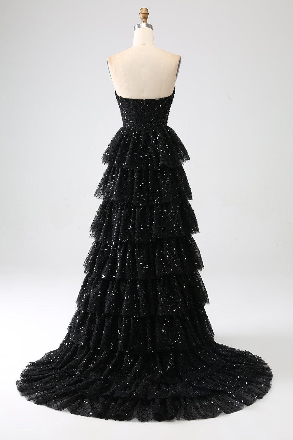 A-Line Paillettes nero a più livelli Prom Dress con fessura