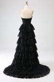 A-Line Paillettes nero a più livelli Prom Dress con fessura