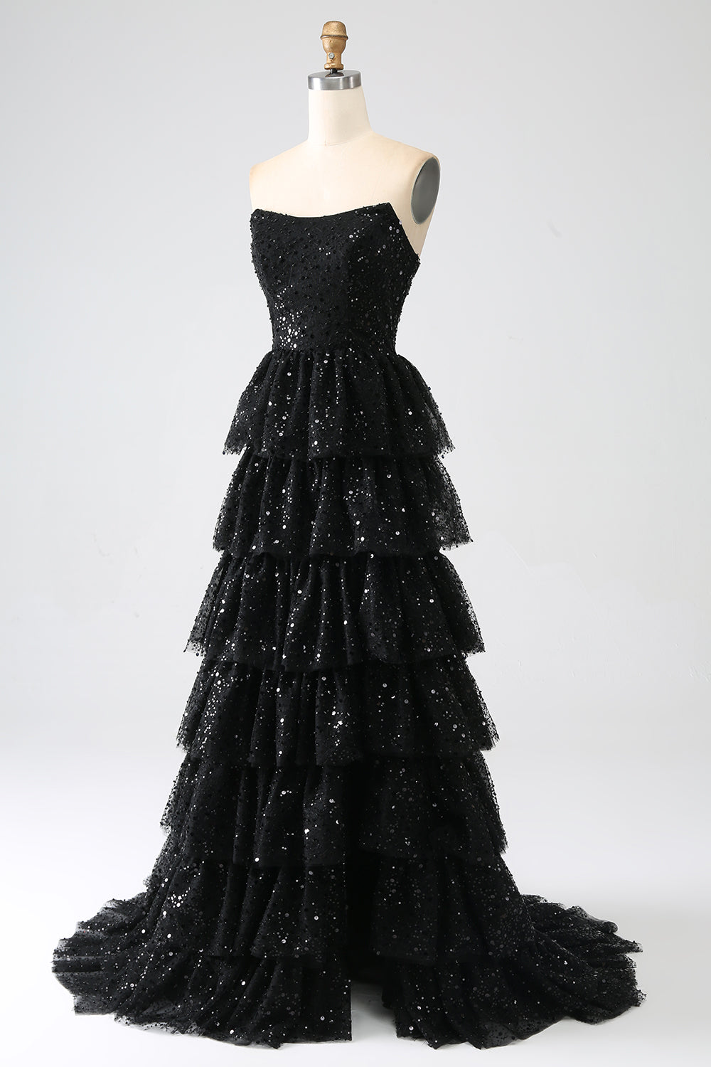 A-Line Paillettes nero a più livelli Prom Dress con fessura