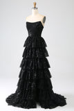 A-Line Paillettes nero a più livelli Prom Dress con fessura