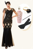 Maniche nere e dorate con paillettes lungo Abito Gatsby Flapper anni '20 con set di accessori anni '20