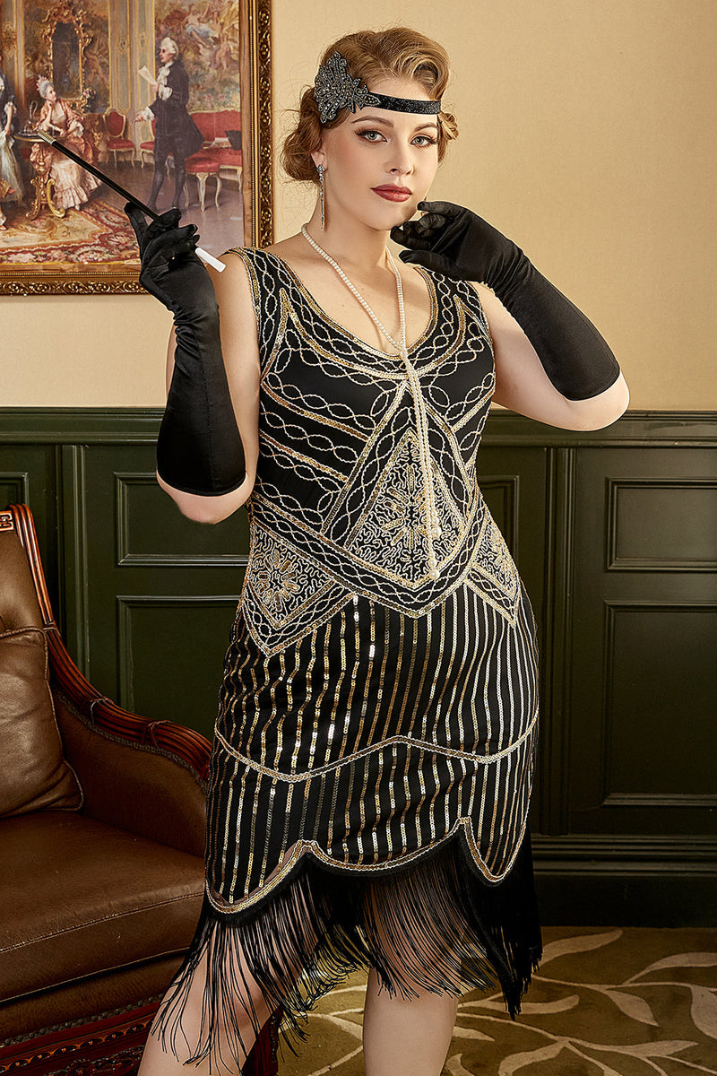 Zapaka donne nero oro 1920s paillettes frange plus size vestito con set di accessori  anni '20 – zapakait