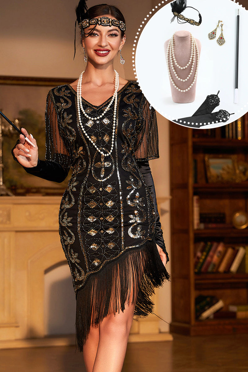 ZAPAKA Donna nero paillettes gatsby abito anni '20 maniche corte