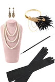 Sparkly nero dorato paillettes frangiato 1920s vestito con accessori set