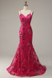 Hot rosa paillettes stampa Mermaid Prom Dress