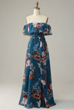Abito da damigella d'onore Lungo Blu scuro floreale Boho Chiffon