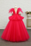Abito fucsia in tulle fiore da ragazza con fiocco di paillettes