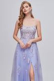 Spaghetti alla lavanda Spalline Appliques Abito Lungo Prom con Spacco