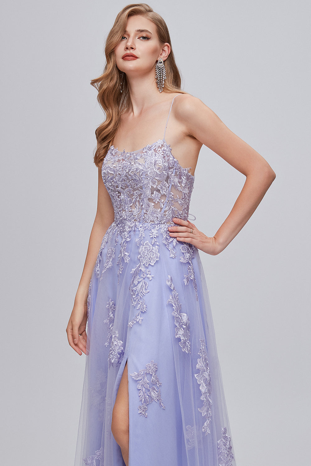 Spaghetti alla lavanda Spalline Appliques Abito Lungo Prom con Spacco