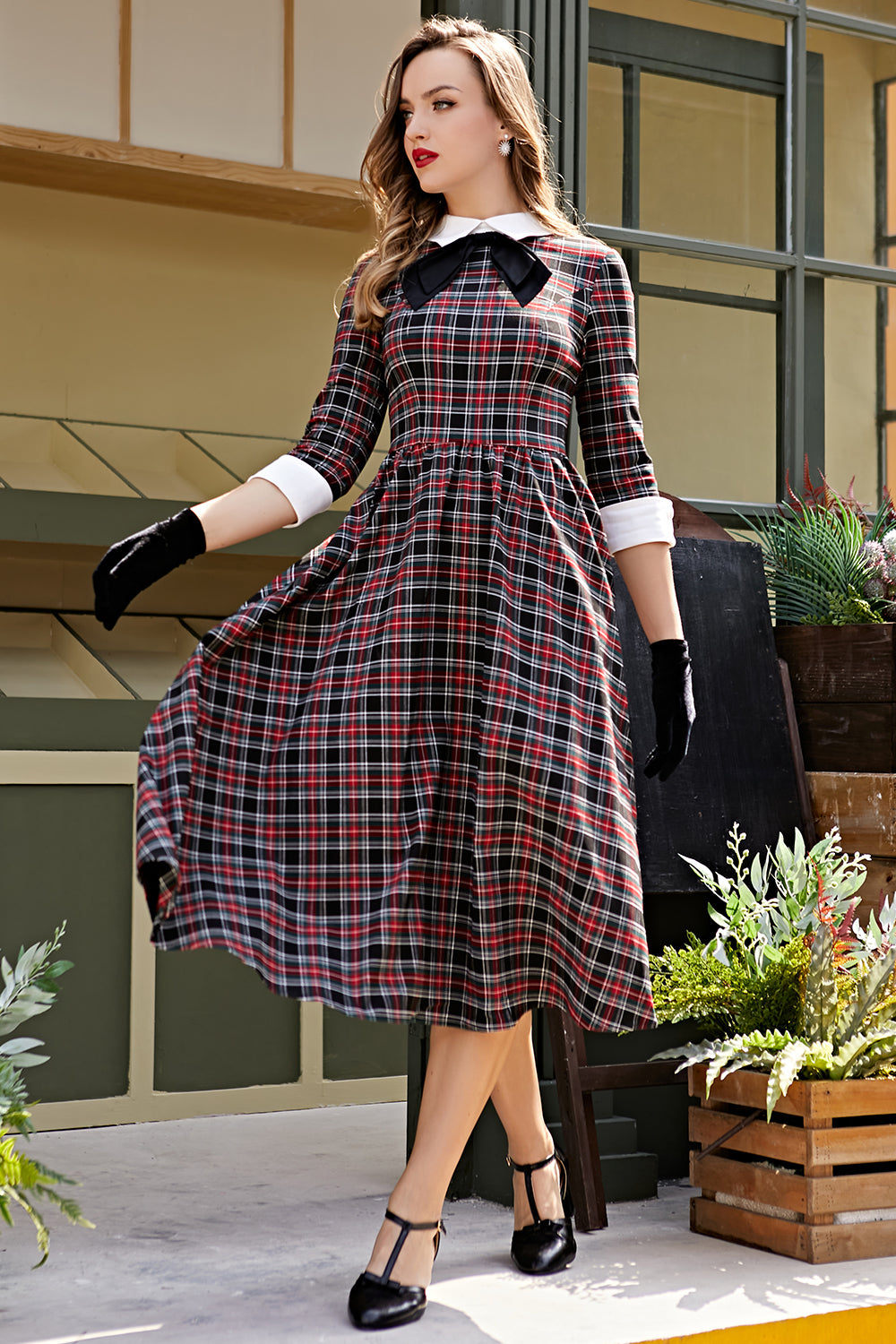 Abito scampanato longuette scozzese nero vintage