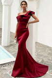 Una spalla Sirena Borgogna Prom Dress