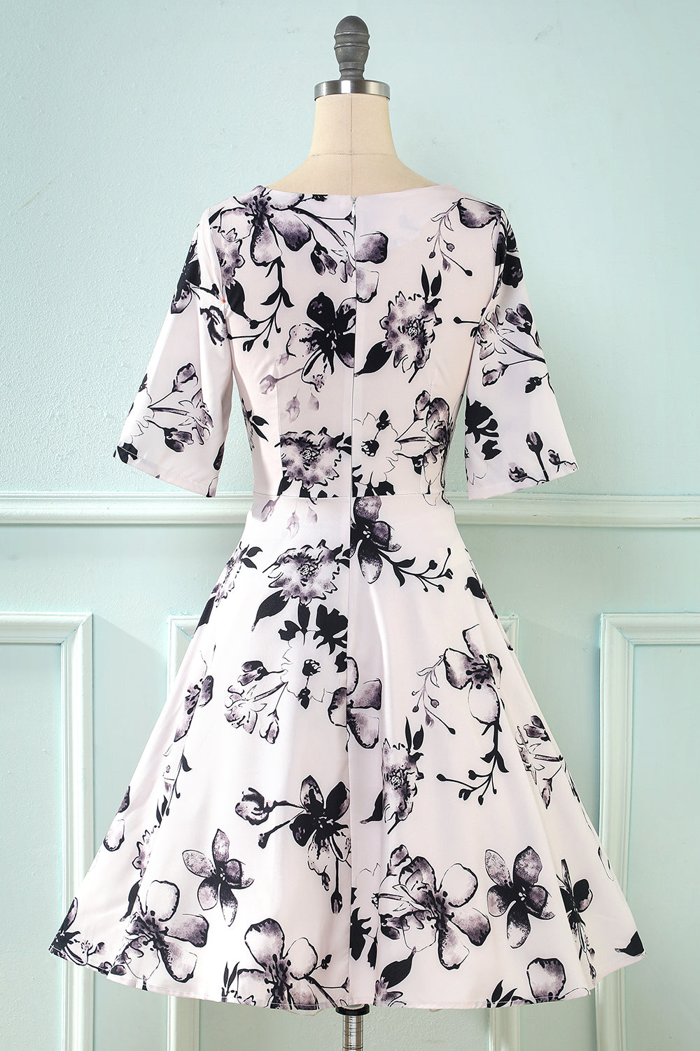 V Collo Mezze Maniche Bianco Stampato Vintage Abito