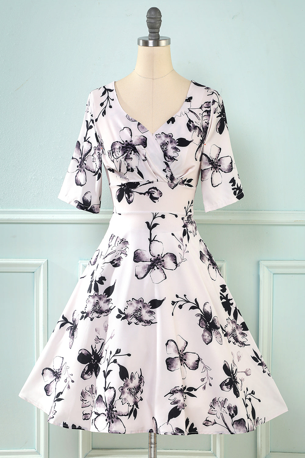 V Collo Mezze Maniche Bianco Stampato Vintage Abito