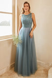 Abito da damigella d'onore in tulle blu grigio con pizzo