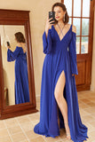 A Line Off the Shoulder Royal Blue Prom Dress con split front