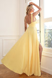 Abito da ballo lungo giallo classico con scollo a V e scollo a V con spacco sul davanti