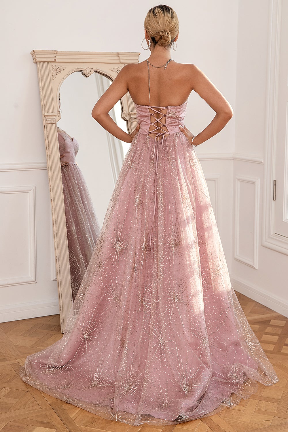 Glitter Blush Abito Lungo Prom con Spacco