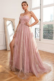 Glitter Blush Abito Lungo Prom con Spacco