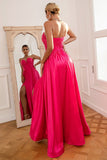 Abito da ballo fucsia senza spalline con spacco