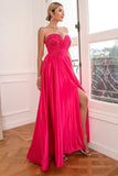 Abito da ballo fucsia senza spalline con spacco