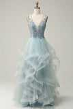 Linea A Blu Chiaro Abiti da Cerimonia with Appliques