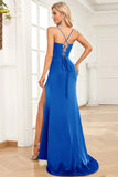 Fucsia Sirena Spalline sottili Satin Abito da ballo con Fessura Frontale