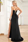 Fucsia Sirena Spalline sottili Satin Abito da ballo con Fessura Frontale