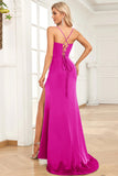 Fucsia Sirena Spalline sottili Satin Abito da ballo con Fessura Frontale