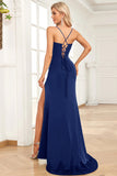 Verde scuro Sirena Spalline sottili Satin Abito da ballo con Split Front